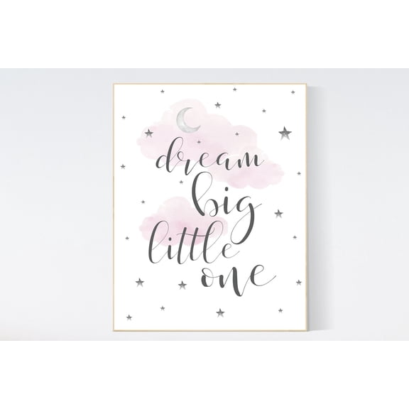 Dream Big Little One Print Pink Nursery Decor Stars Wall Art