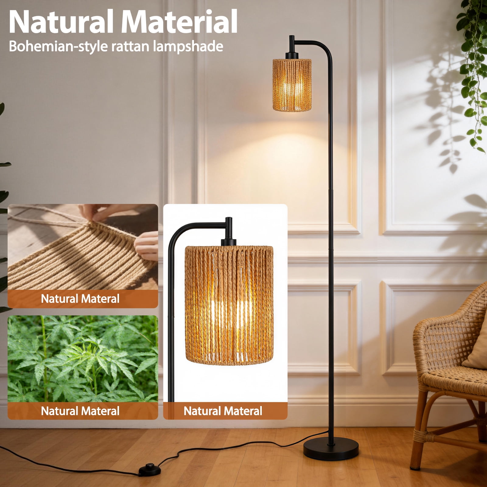 66" Rattan Floor Lamps for Living Room with Remote Control 3 Color Temperature Dimmable Boho Standing Lamp Tall Pole Lamps for Bedroom, Office,Black,Bulb Included