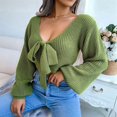 thumbnail image 4 of Women Long Sleeve Crop Front Bowknot Ribbed Knit Pullover Sweaters Fall Winter V Neck Crop Tops Pullover Green L, 4 of 8