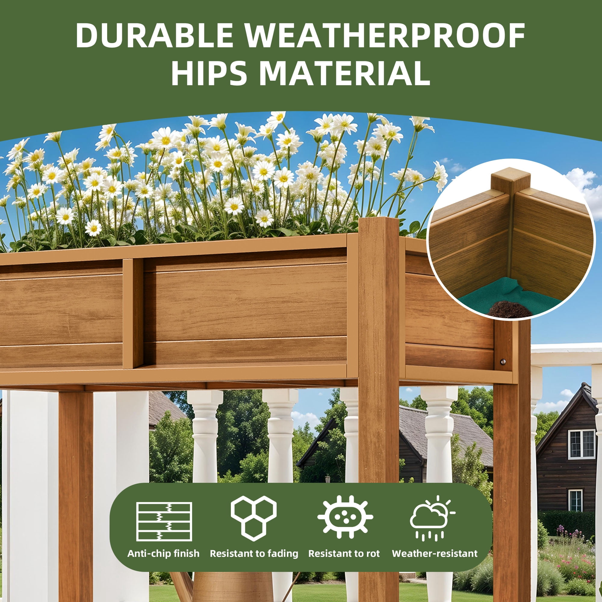 Uforic Elevated Planter Box with Wheels, Weatherproof HIPS Raised Garden Bed with Drainage, Natural