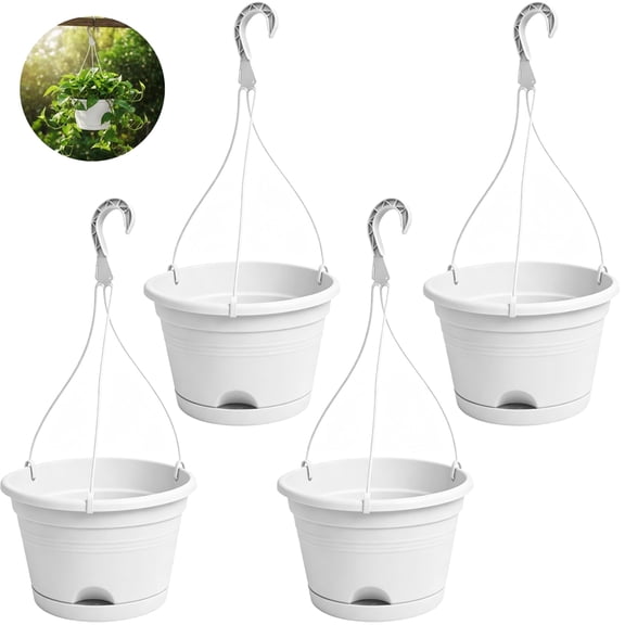 4 Pcs Hanging Planters, Self-watering Hanging Planters, Resin Flower Pots with Drainage Holes and Removable Saucers, Indoor Outdoor Plant Pots with Hooks for Garden, Balcony, Patio