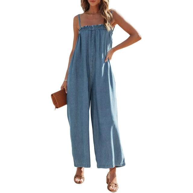 Gupgi Combinaison en Denim à Jambe Grand pour Femmes avec Poches, Bleu