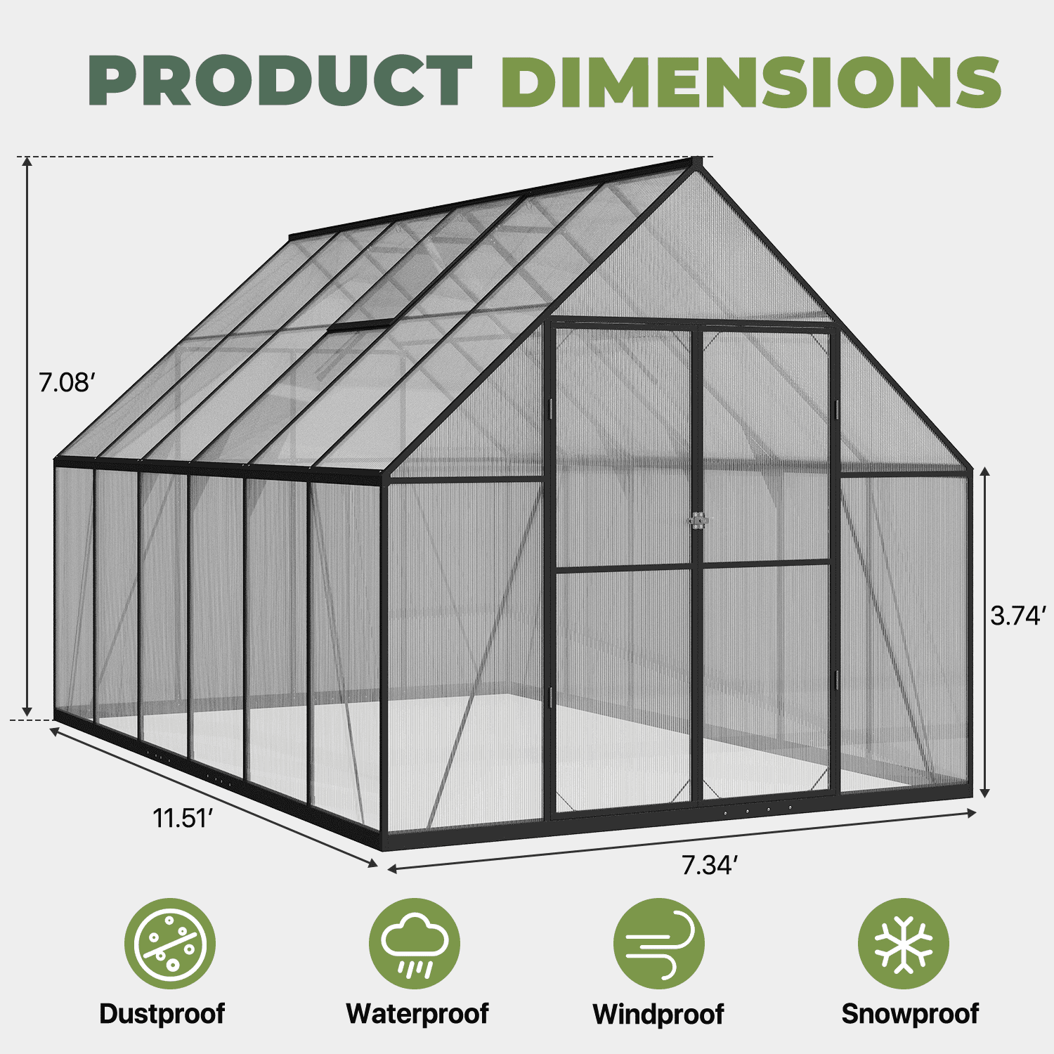 BaPiPro 12x8 ft Heavy-Duty Walk-in Greenhouse, Polycarbonate Panels, Aluminum Frame, UV-Protected Waterproof Outdoor for Garden Backyard Plant Growing