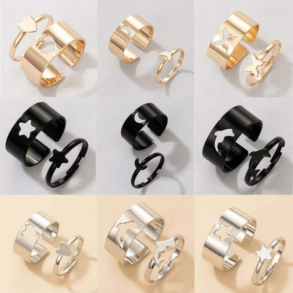 2Pcs/Set Adjustable Couple Rings Heart/Moon/Star/Dolphin Shape Jewelry Creative Exquisite Open Rings for Gifts