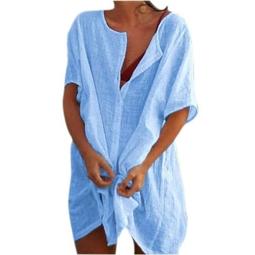 Womens Plus Size Linen Dress Beach Cover Up Button Down Shirt Mini Dresses Loose Bathing Suit Swimwear Coverups (XX-Large, Blue)