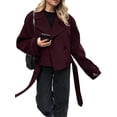 thumbnail image 2 of Womens Cropped Wool Coats Belted Double Breasted Pea Coat Short Jacket Notched Lapel Trench Coat with Pockets Wine Red L, 2 of 7