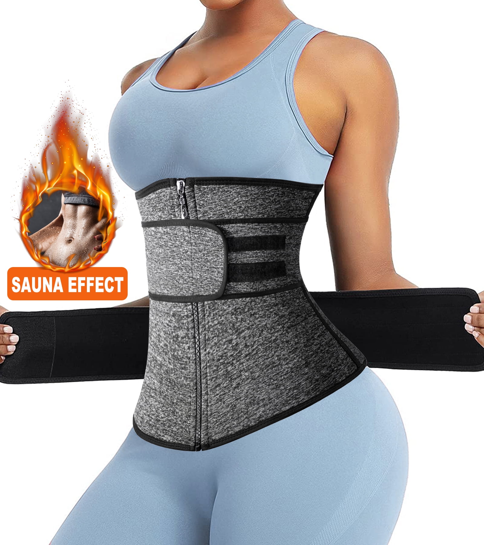 QRIC Neopren Sweat Waist Trainer for Women Double Belt Workout Corset Waist  Cincher Sauna Trimmer Shaper Zipper (S-3XL)