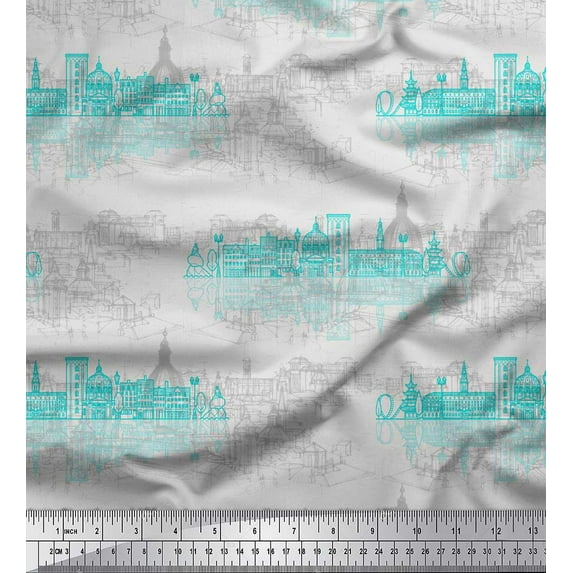 Soimoi Green Velvet Fabric Sketch Monuments Architectural Print Fabric by Yard 58 Inch Wide
