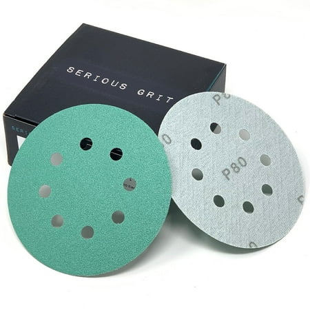 

Serious Grit - 5-Inch 8-Hole 80 Grit Sanding Discs - Heavy-Duty Hook & Loop Velcro-Backed Film Discs - Sandpaper for Random Orbital Sanders - 50 Pack Box