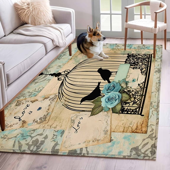 Vintage Bird Cage Area Rug 4x6 Washable Rug Non Slip Retro Floral Pattern Large Area Rug Indoor Floor Carpet for Entryway Bedroom Kitchen Living Room Home Office Dining Room Nursery