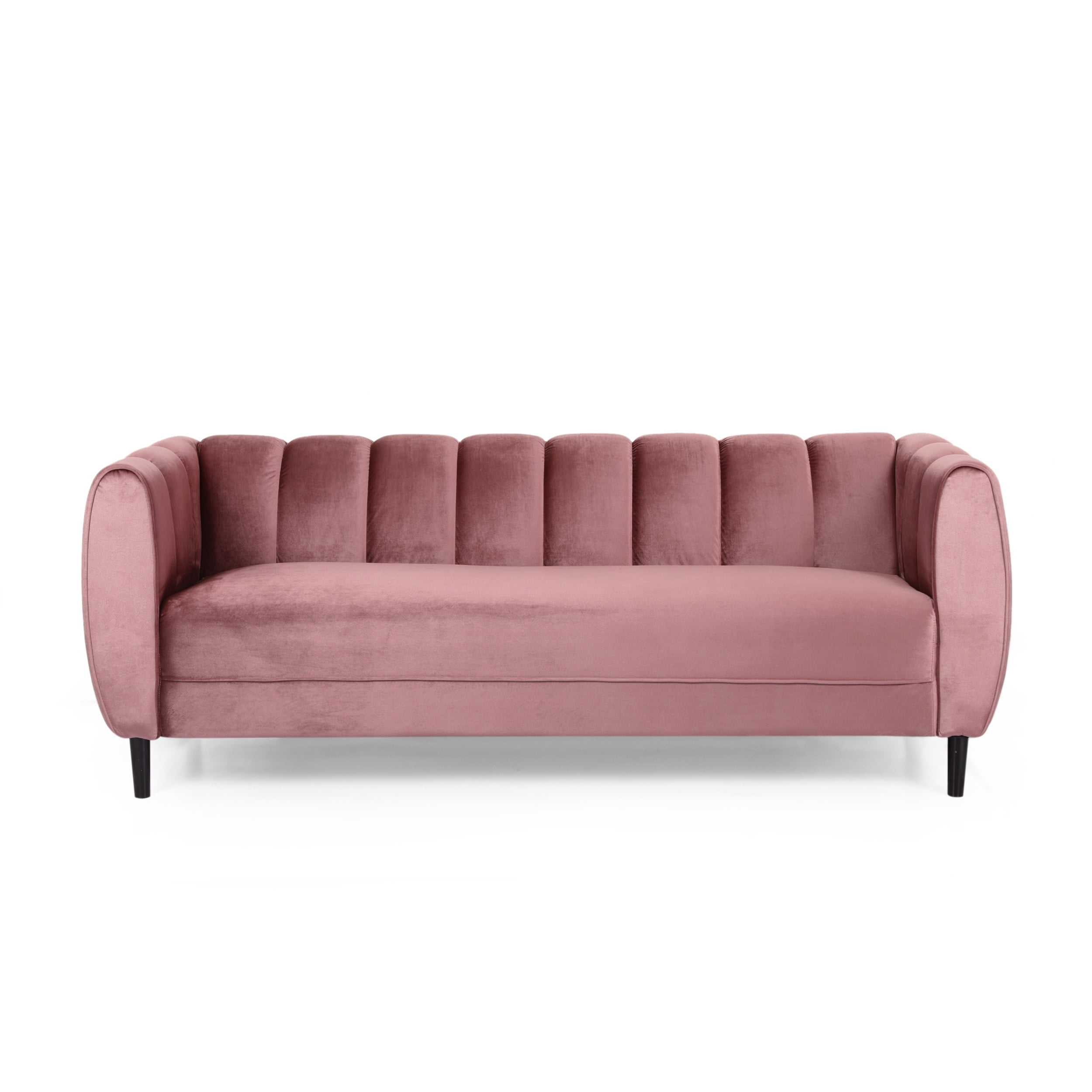 Noble House Mohammad Channel Stitch Velvet 3 Seater Sofa, Blush