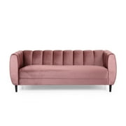 Noble House Mohammad Channel Stitch Velvet 3 Seater Sofa, Blush