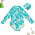 thumbnail image 2 of Gubotare Infant Bathing Suit Girl Baby Girl Rash Guard Swimsuit Long Sleeve Print Ruffles Bathing Suit Swimwear with Swim Cap 1T 2T (Mint Green,1-2 Years), 2 of 9