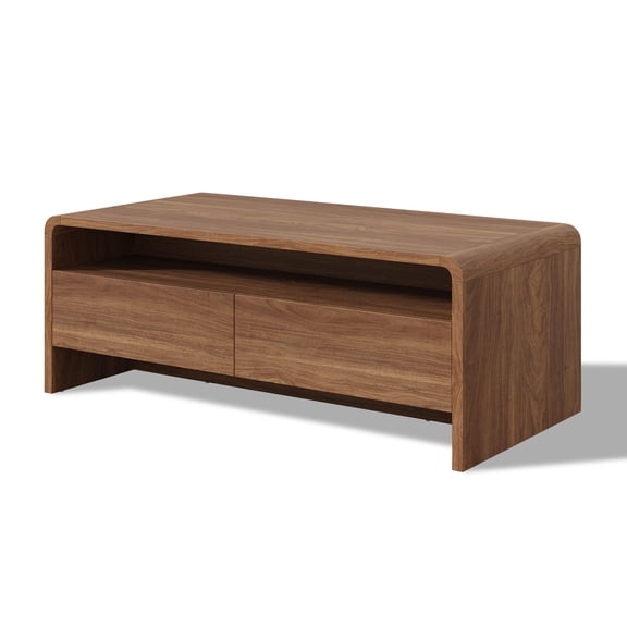 Papajet 39.4" Wood Coffee Table with Storage & Rounded Edges, Brown Wood-grain Finish, 2 Drawers and Open Shelf, Living Room Table, Sofa Center Table