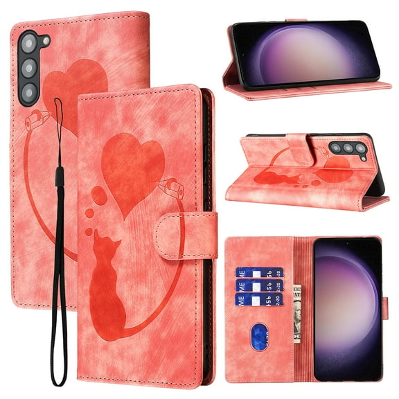 for Samsung Galaxy S23 Plus Phone Case Wallet Flip Cases,Cute Cat & Heart Patterned,Retro PU Leather Kickstand,Card Holder,Wrist Strap,Magnetic Closure,Shockproof Cover, Pink