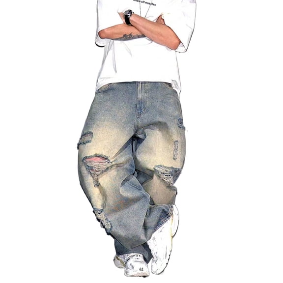 Reppunk New Men's Vintage Washed Distressed Holes Classic Baggy Jeans Men Straight Denim Pants Streetwear Hip-Hop Style Loose Fit Denim Pants Menswear
