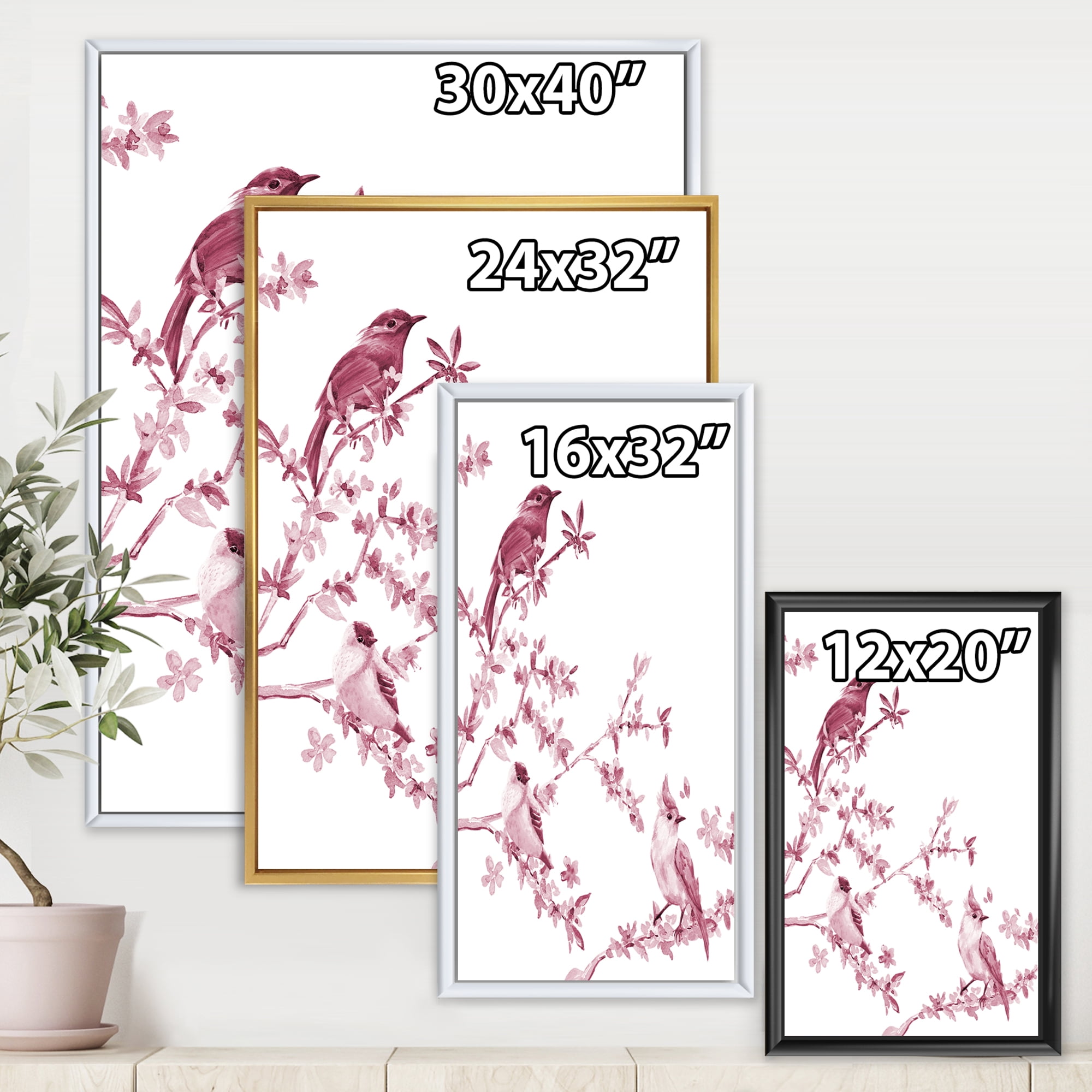 Designart 'Beautiful Pink Birds Sitting On Flowering Branches' Traditional Framed Canvas Wall Art Print