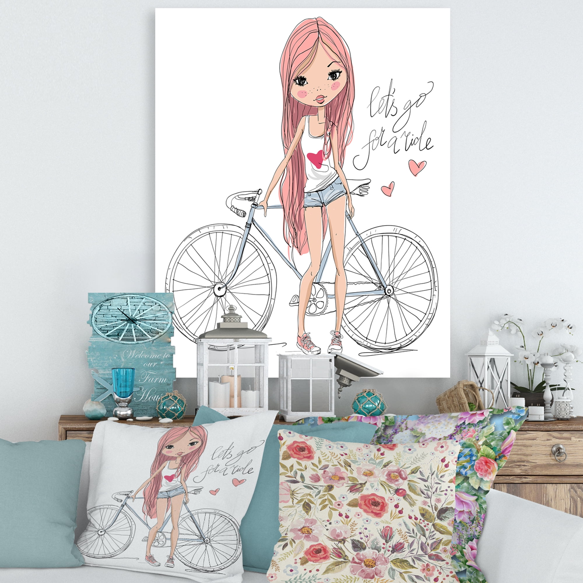 Designart ' Young Woman With Bicycle ' Children's Art Canvas Wall Art Print