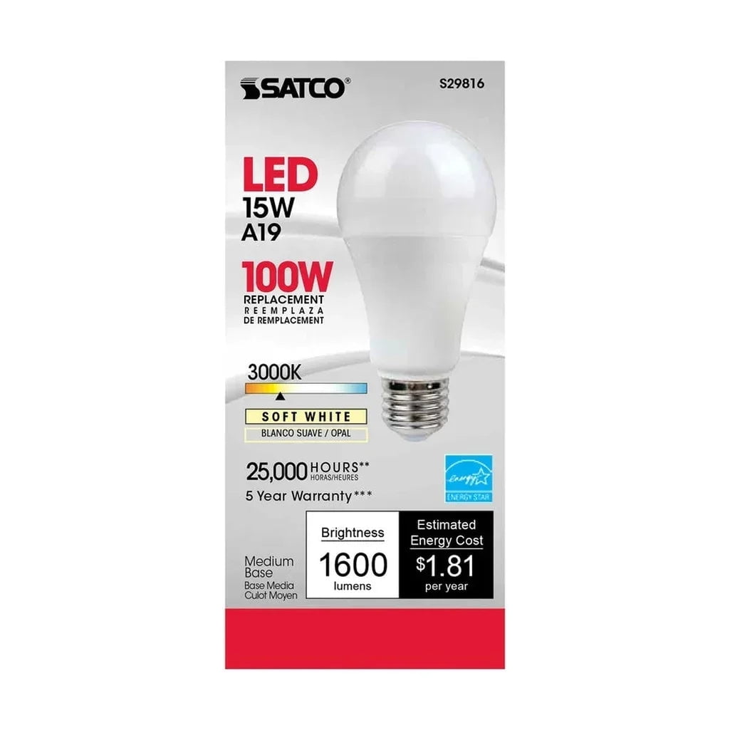 15W - A19 LED - Frosted - 3000K - Medium base - 220 deg. Beam Angle - 120V - 6-Pack