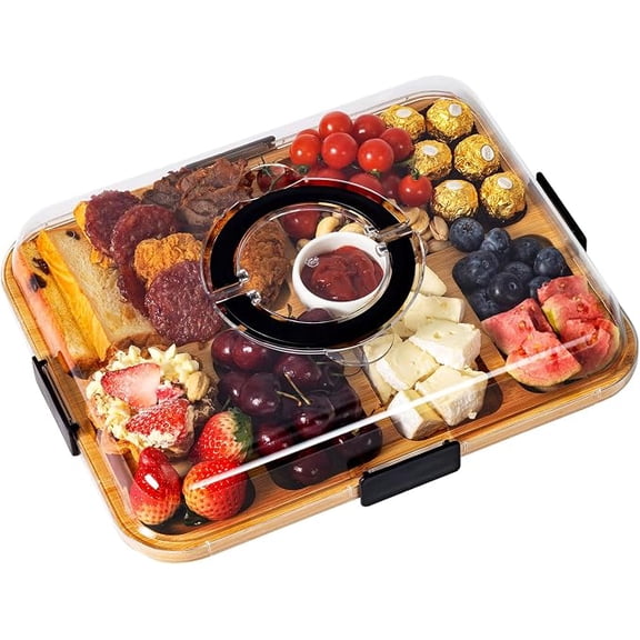 Hnrifc Charcuterie Board with Clear Lid, Travel Portable Cheese Board Charcuterie Boxes Cutting Boards for Kitchen (6 Compartments Black)
