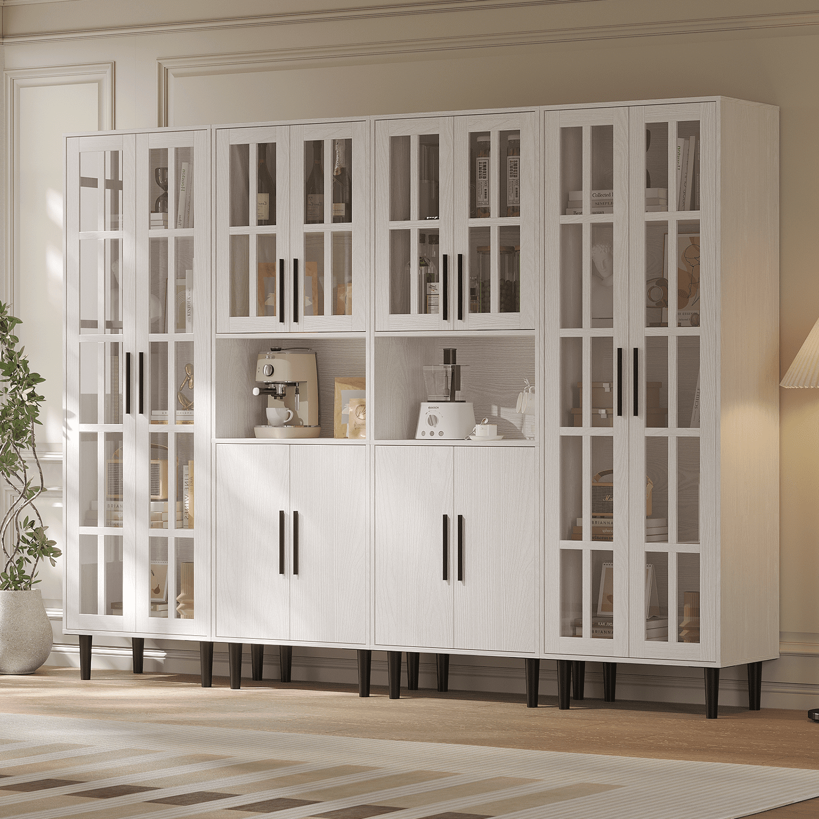 RichYa 4Pcs Pantry Storage Cabinet Set,Modern Sideboard Buffet Cabinets with Shelves & Display Glass Doors for Kitchen,Dining Room,White(AACC)