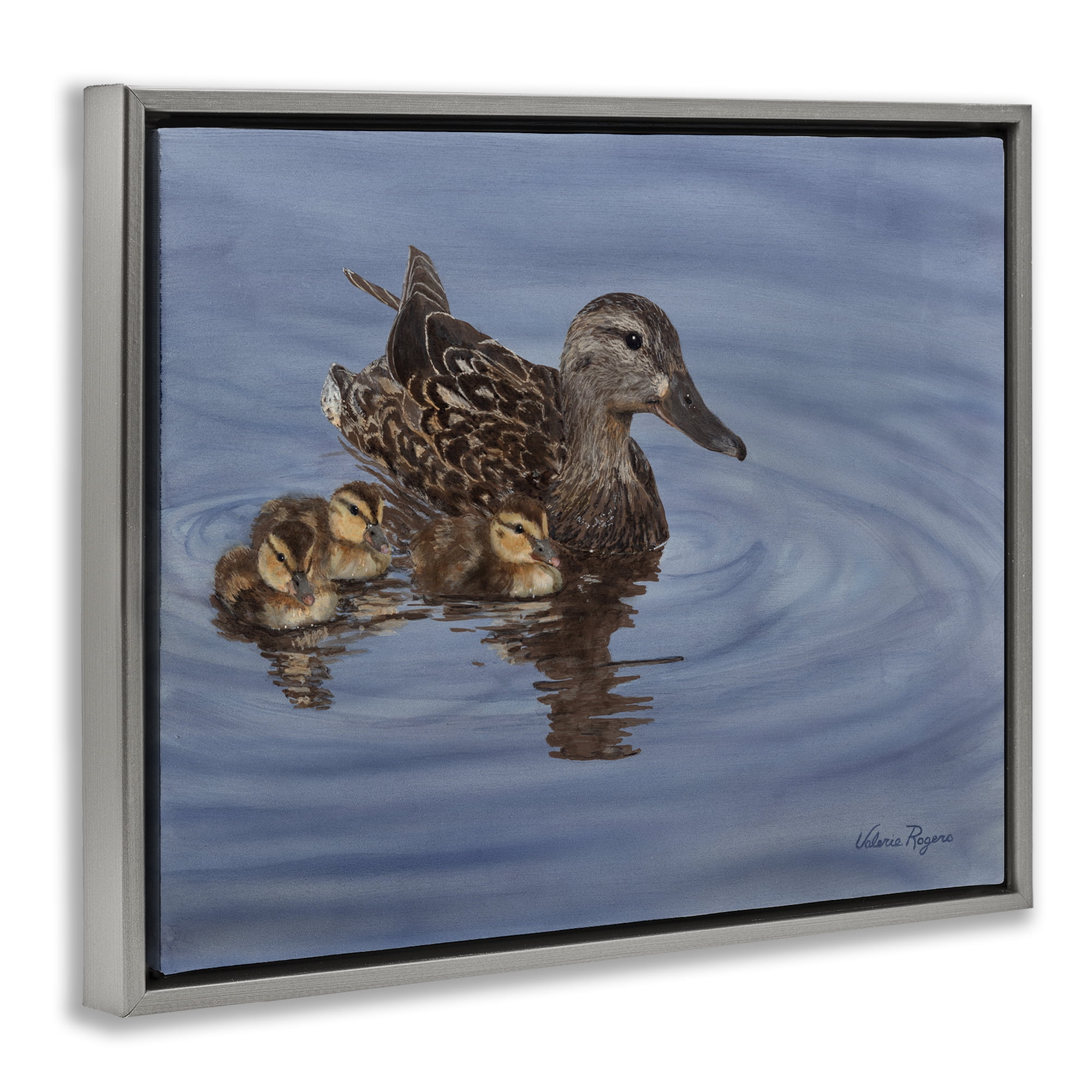 Stupell Industries Duck Family Ripples Animals Painting Gray Floater Framed Canvas Art Print Wall Art, 31 x 25