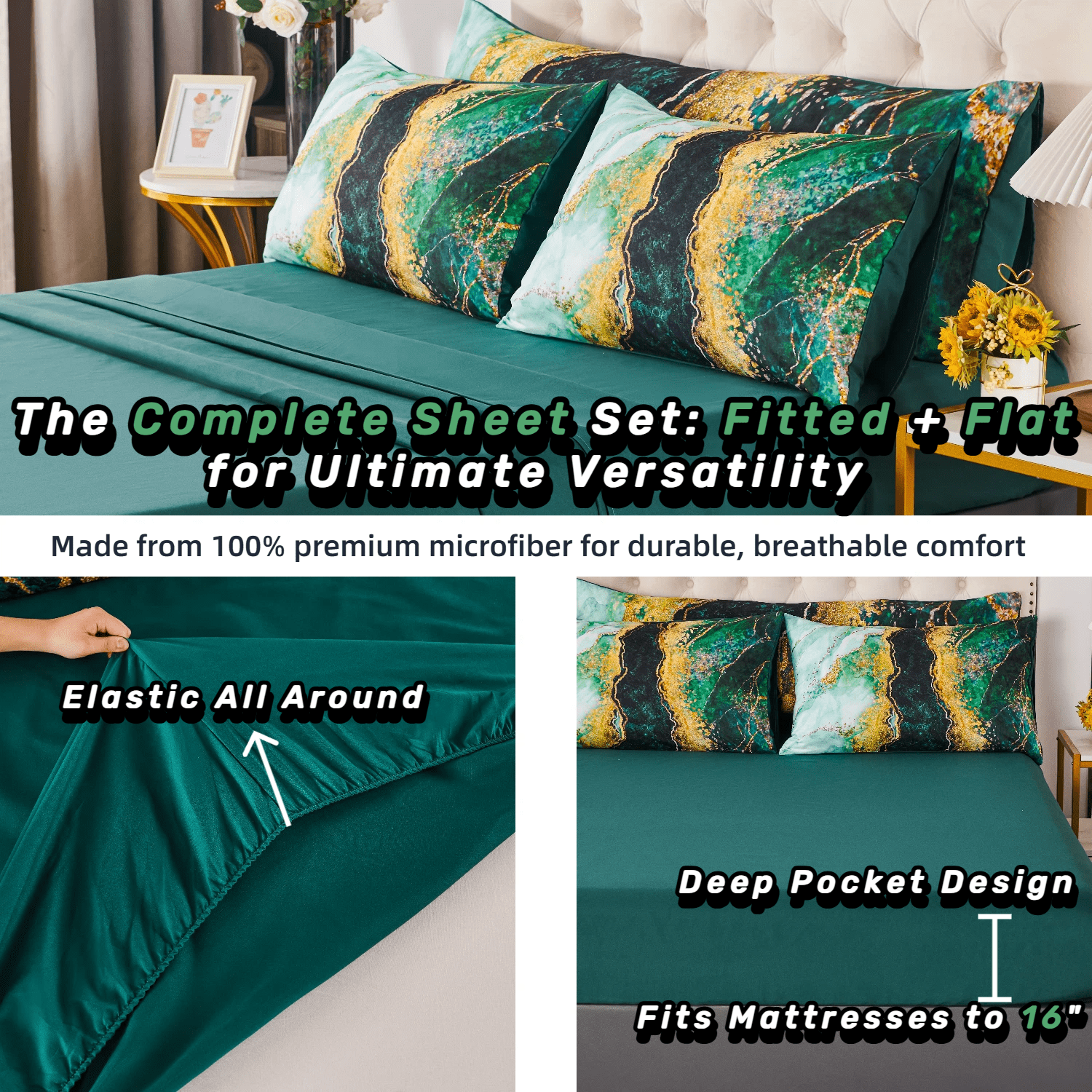 PERFEMET Full  Comforter Set-6 Pieces Green Marble Comforter Bedding Set Bed in a Bag with Sheets Pillow Cover for All Season(Green,Full)