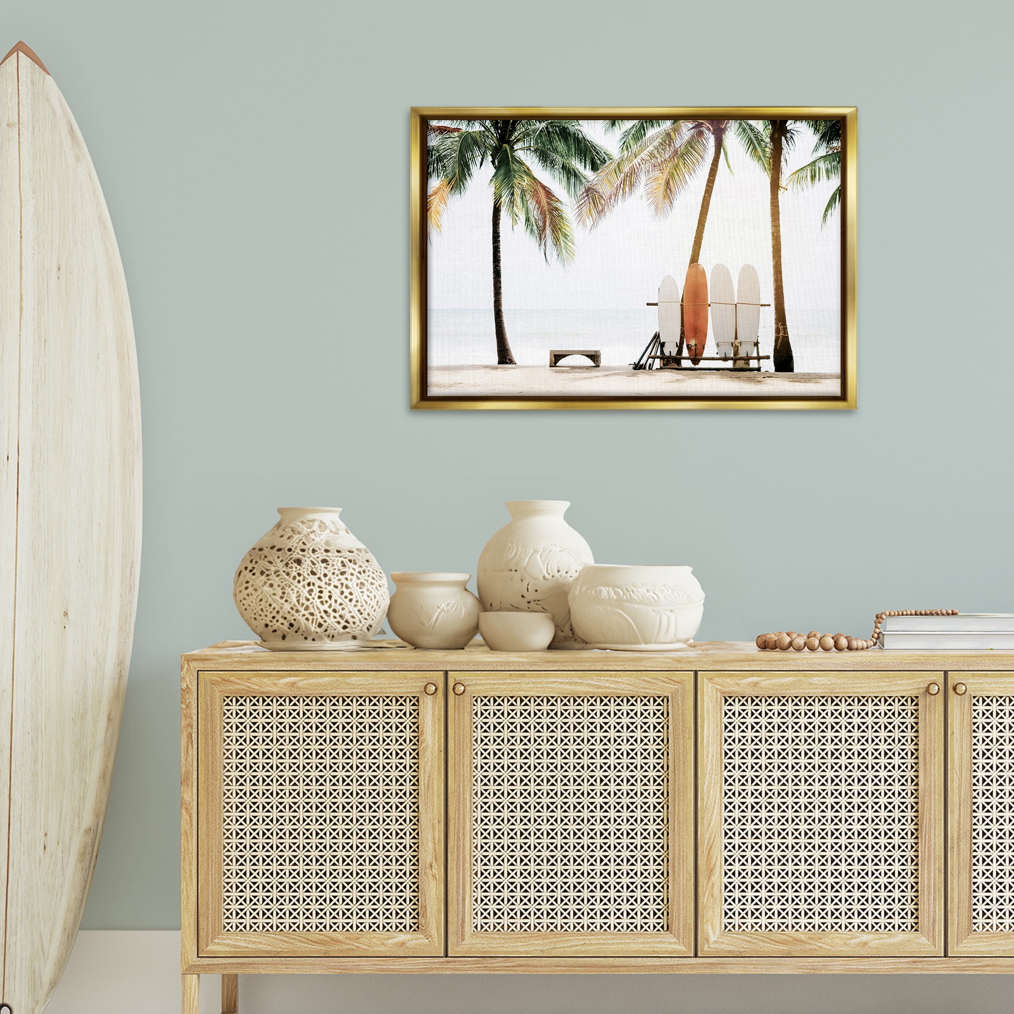 Stupell Industries Hawaii Surfing View Nautical & Beach Photography Gold Floater Framed Canvas Art Print Wall Art, 31 x 21