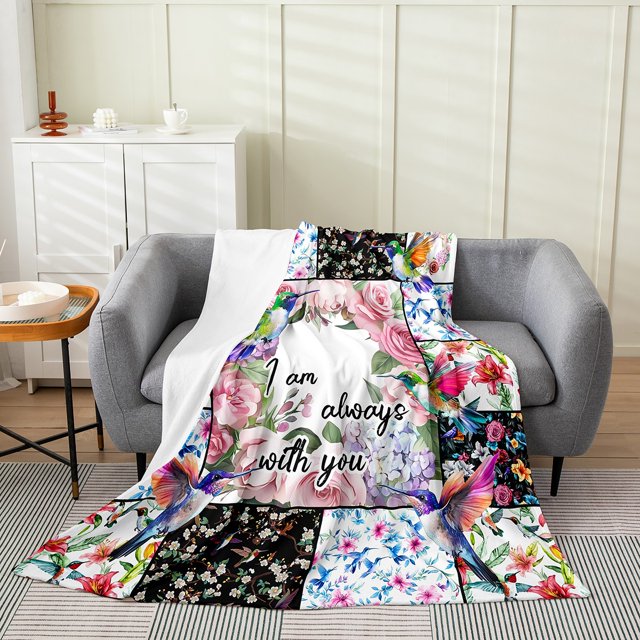 Erosebridal Cartoon Hummingbird Flannel Blanket, Flower Floral Patchwork Sherpa Throw 30x40