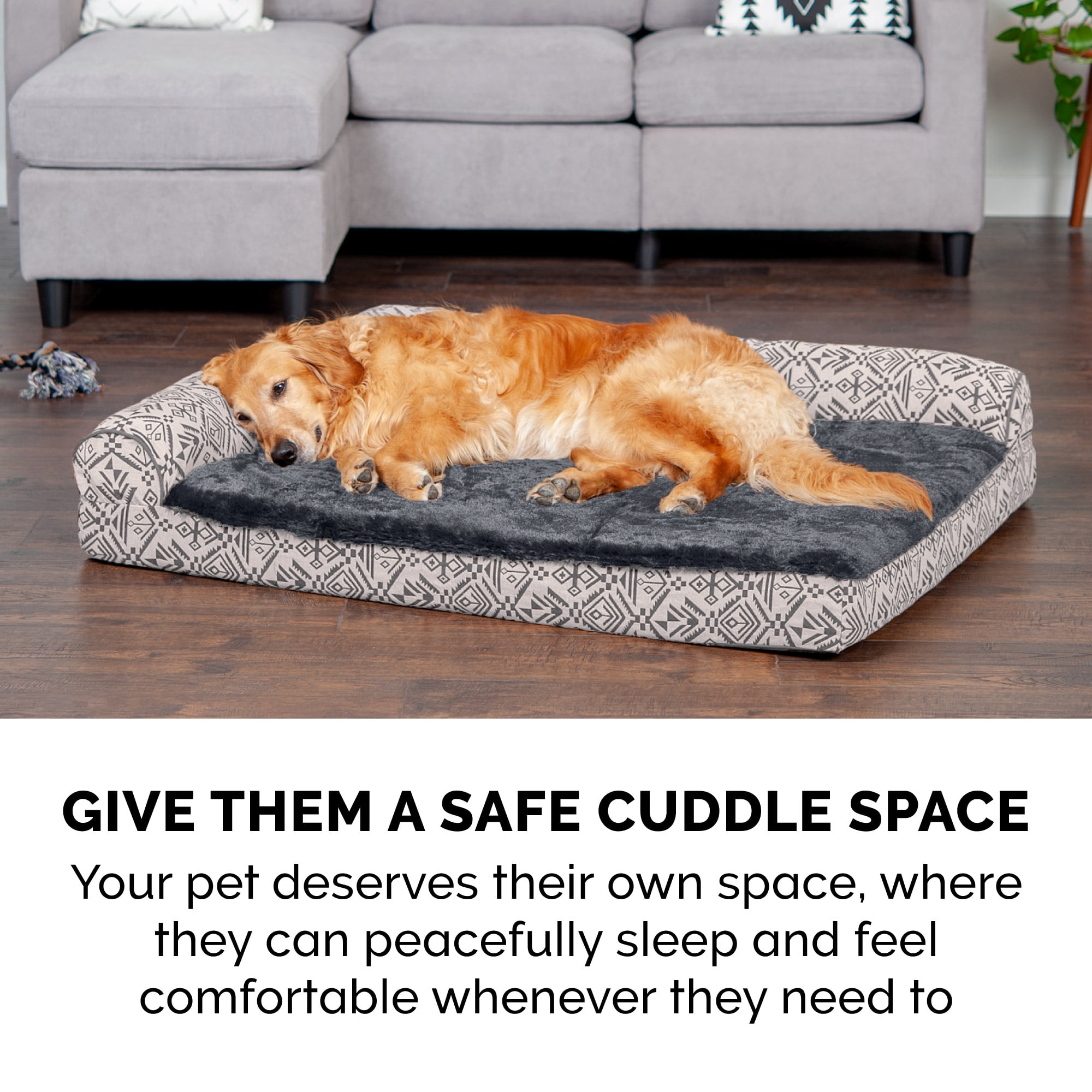 FurHaven Pet Products Southwest Kilim Orthopedic Deluxe Chaise Lounge Pet Bed for Dogs & Cats - Boulder Gray, Large