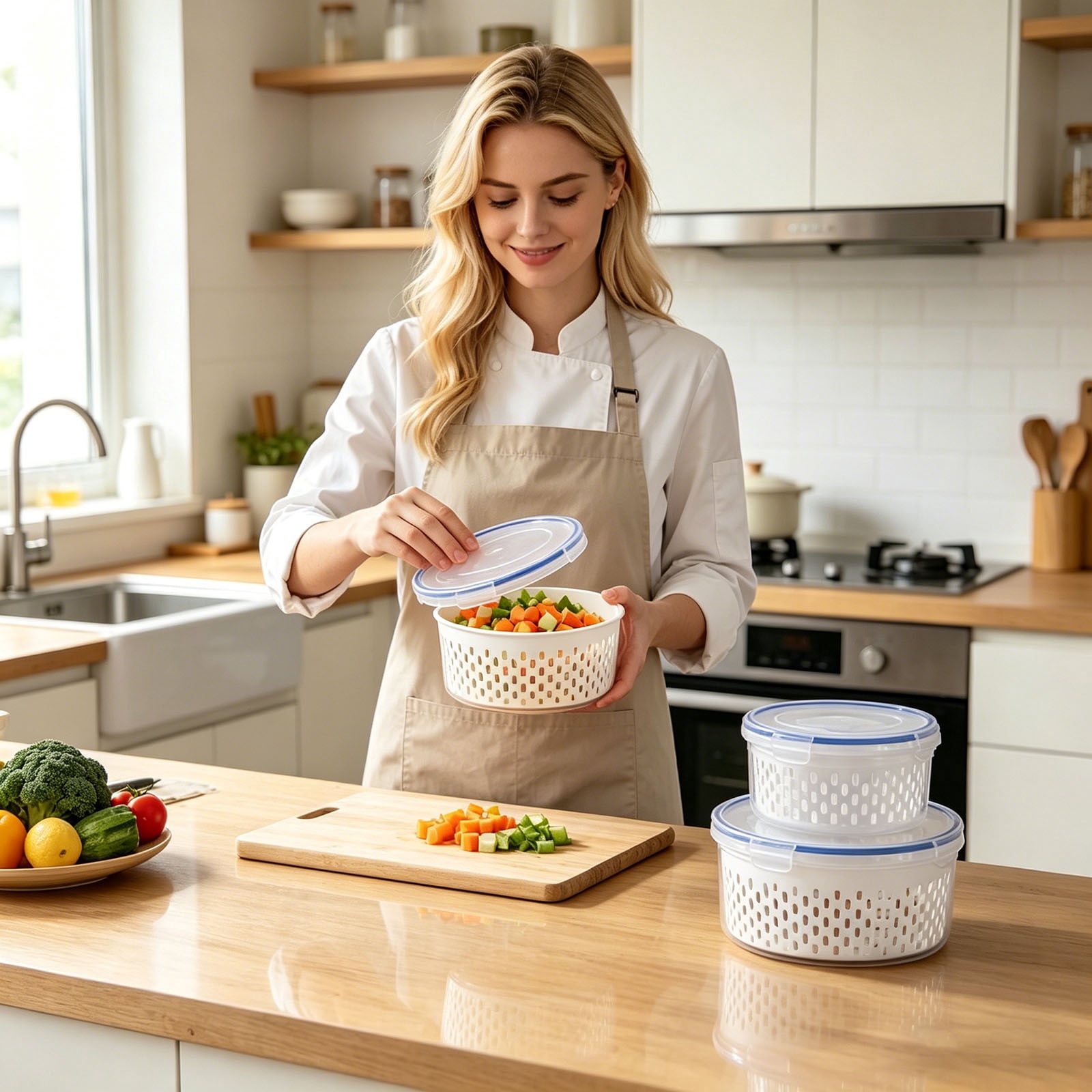 Food Storage Containers 4-in-1 Fridge Fruit and Vegetable Container with Removable Colander Airtight Lids Stackable Clear Produce Keepers for Washing Draining and Storing Berries Greens