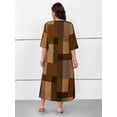 thumbnail image 2 of Plus Size Women Brown Plaid Digital Print Round Neck 3/4 Sleeve Mid-Length Casual Resort Dress, 2 of 6