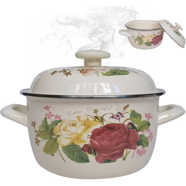 Enamel Pot 12X7 Inch Non- Stick Enamel Stock Pot With Lid And Handles Retro Flower Soup Pot Thicken Enamel Cookware For Home Kitchen Restaurant Pasta L