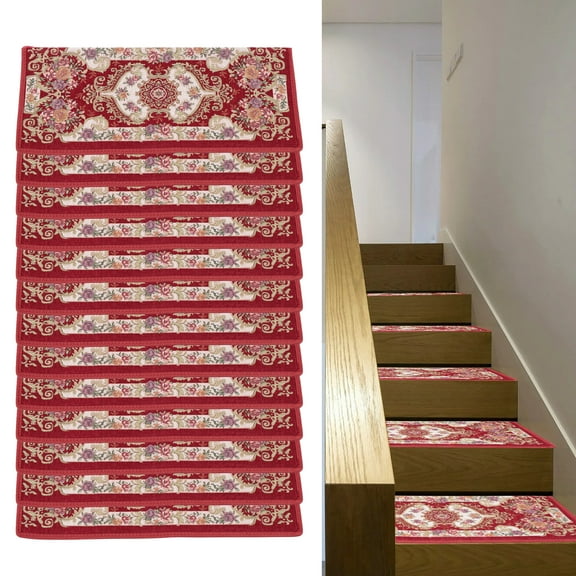 Set of 13 Non-Slip Washable Stair Treads Carpet with Skid Resistant Silicone Backing Indoor Wooden Step Mats Self-Adhesive Stair Protectors Red
