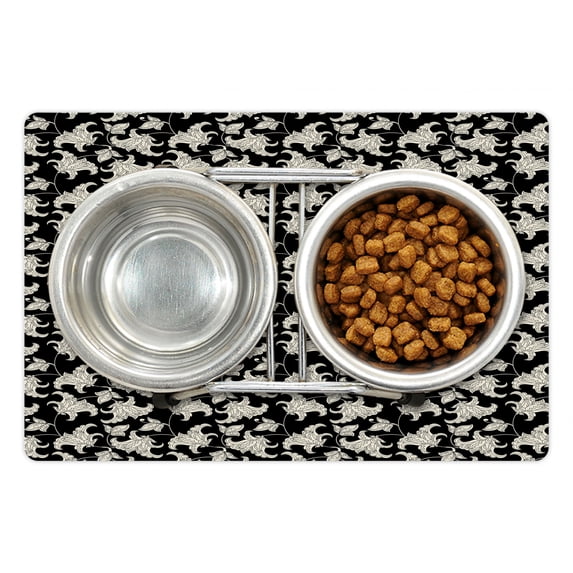 Flower Pet Mat for Food and Water, Vintage Style Blossoming Flowers on Dark Toned Background Flourishing Nature, Non-Slip Rubber Mat for Dogs and Cats, 18" X 12", by Ambesonne