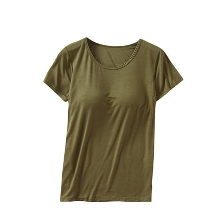Built in Bra Tops for Women Summer Short Sleeve Tshirt Workout Sports Yoga T Shirt with Shelf Bra Pajama Top with Bra Pad Soft Lounge Clothes Trendy Outfits