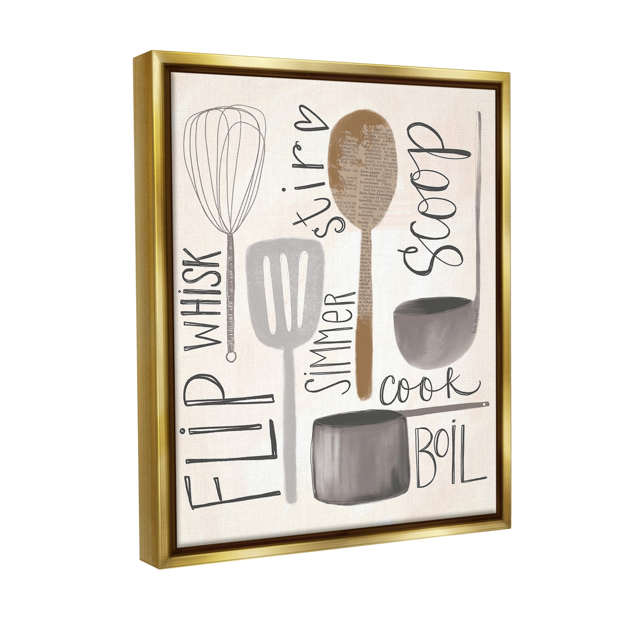Stupell Industries Kitchen Phrases & Utensils Food & Beverage Painting Gold Floater Framed Canvas Art Print Wall Art, 17 x 21