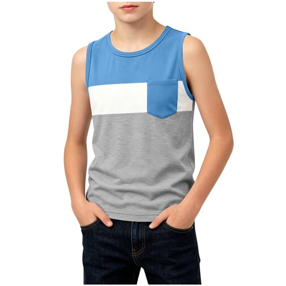 Mooqilaa Boys Summer Tank Tops Size 10-12, Color Block Casual Crew Neck Sleeveless Kids Undershirts Blue