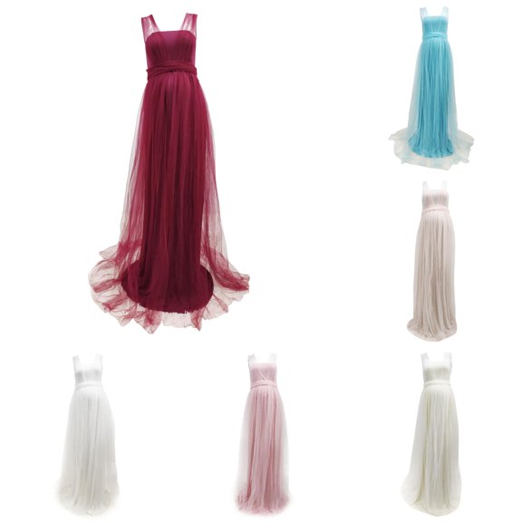 Gyujnb Square Neck Sleeveless Soft Tulle Maternity Maxi Gown Empire Waist Flowy Sweep Train Solid Dress for Maternity Photoshoot Formal Outfit,L