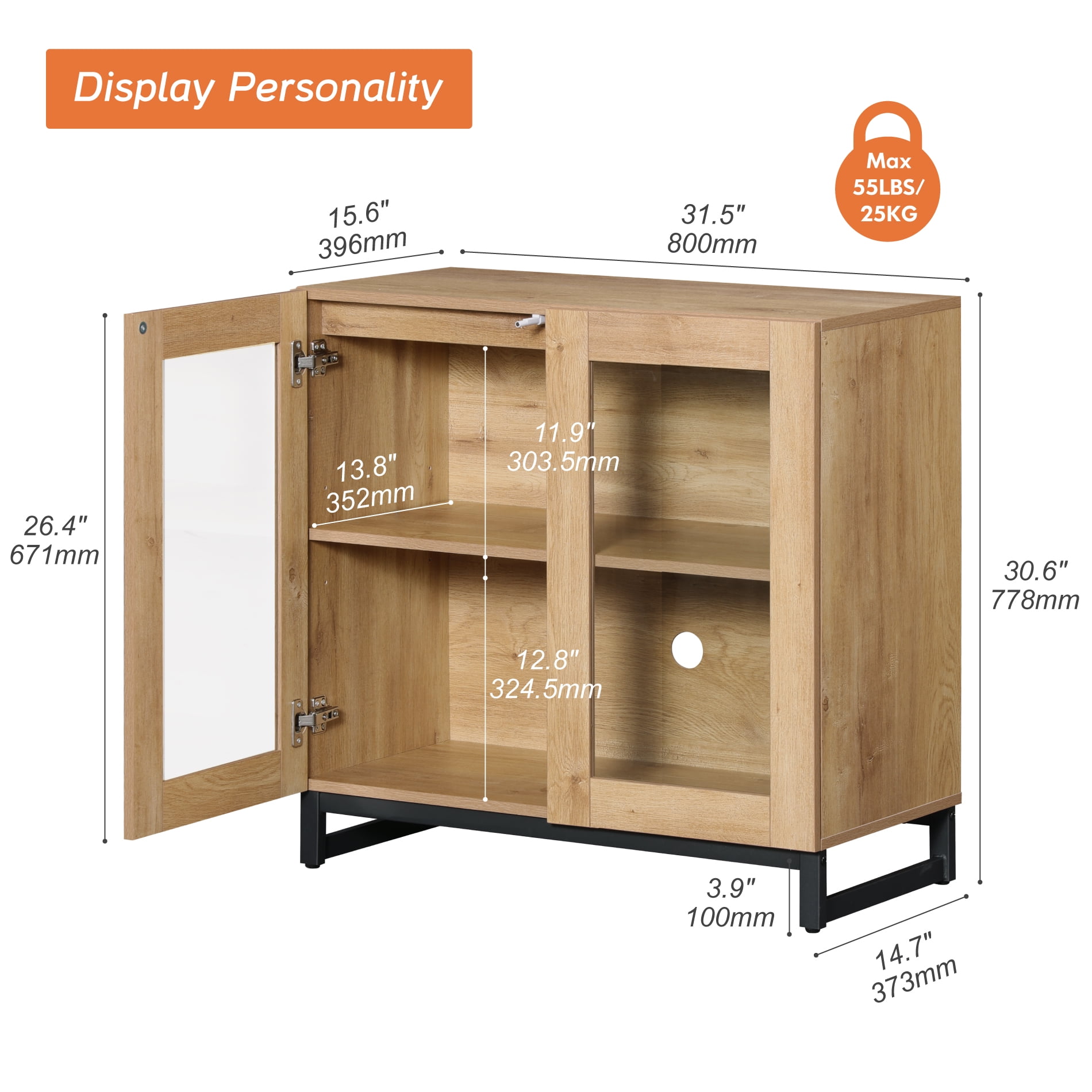 WAMPAT Sideboard Buffet Cabinets with Glass Doors, Modern Sideboard Credenza with Adjustable Shelf, Coffee Bar Storage Cabinet for Living Room, Kitchen, Oak