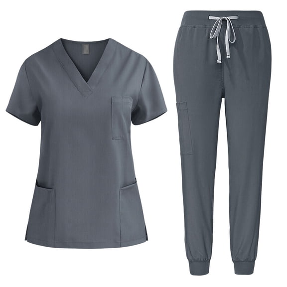 Scrubs for Women Set - Stretch Short Sleeve V-Neck Tops & Jogger Pant with Pockets - Stretchy Comfortable Nursing Uniform Outfits Gray XL