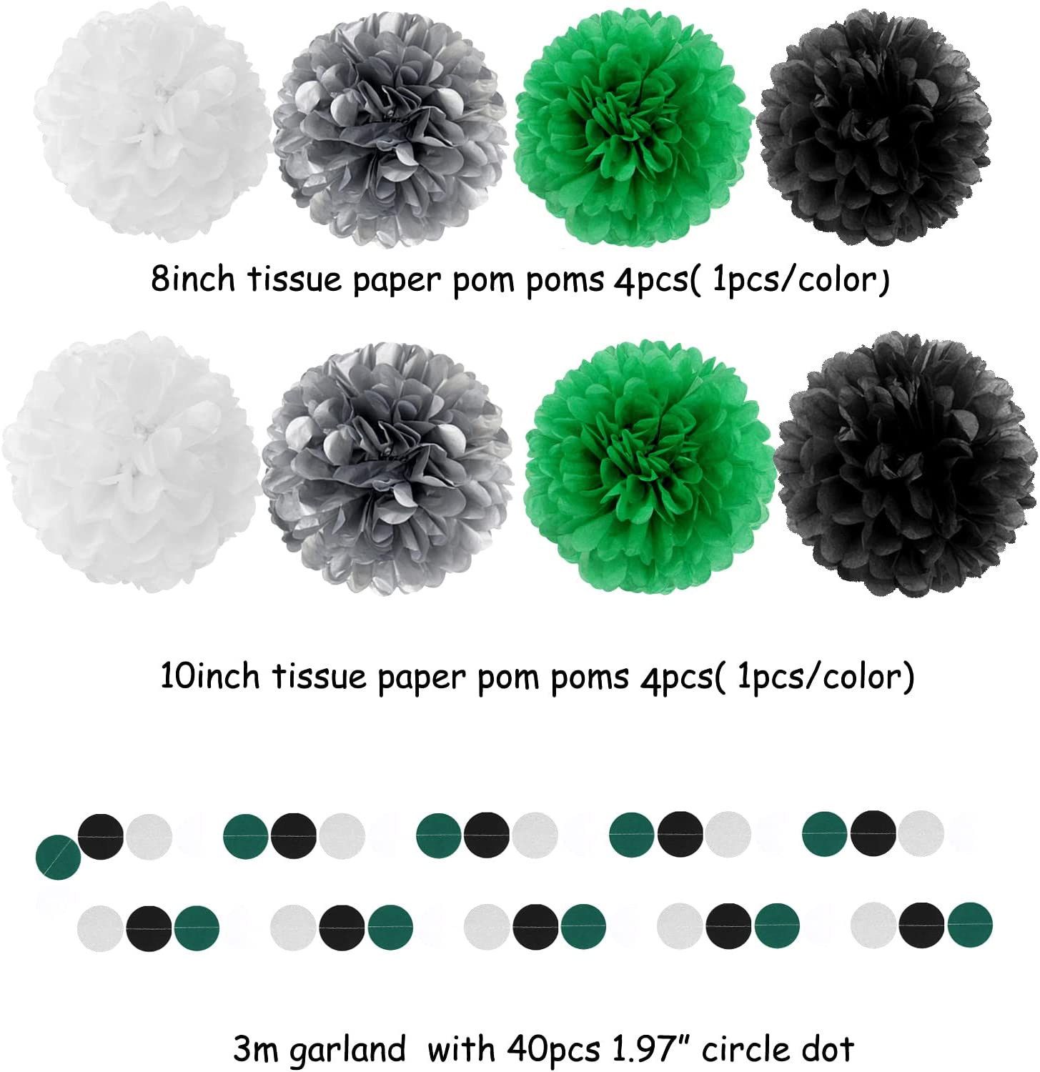 Black Green Silver Football Party-Decorations - 30pcs Soccer Graduation Streamers,Tissue Pom Poms,Tassel Garland Backdrop Men Boys Birthday Spring Sunmer Bunting Jungle theme Banner