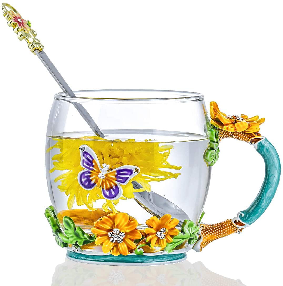 Butterfly Flower Clear Lead Free Glass Coffee Mugs Tea Cup with Spoon Set Gift