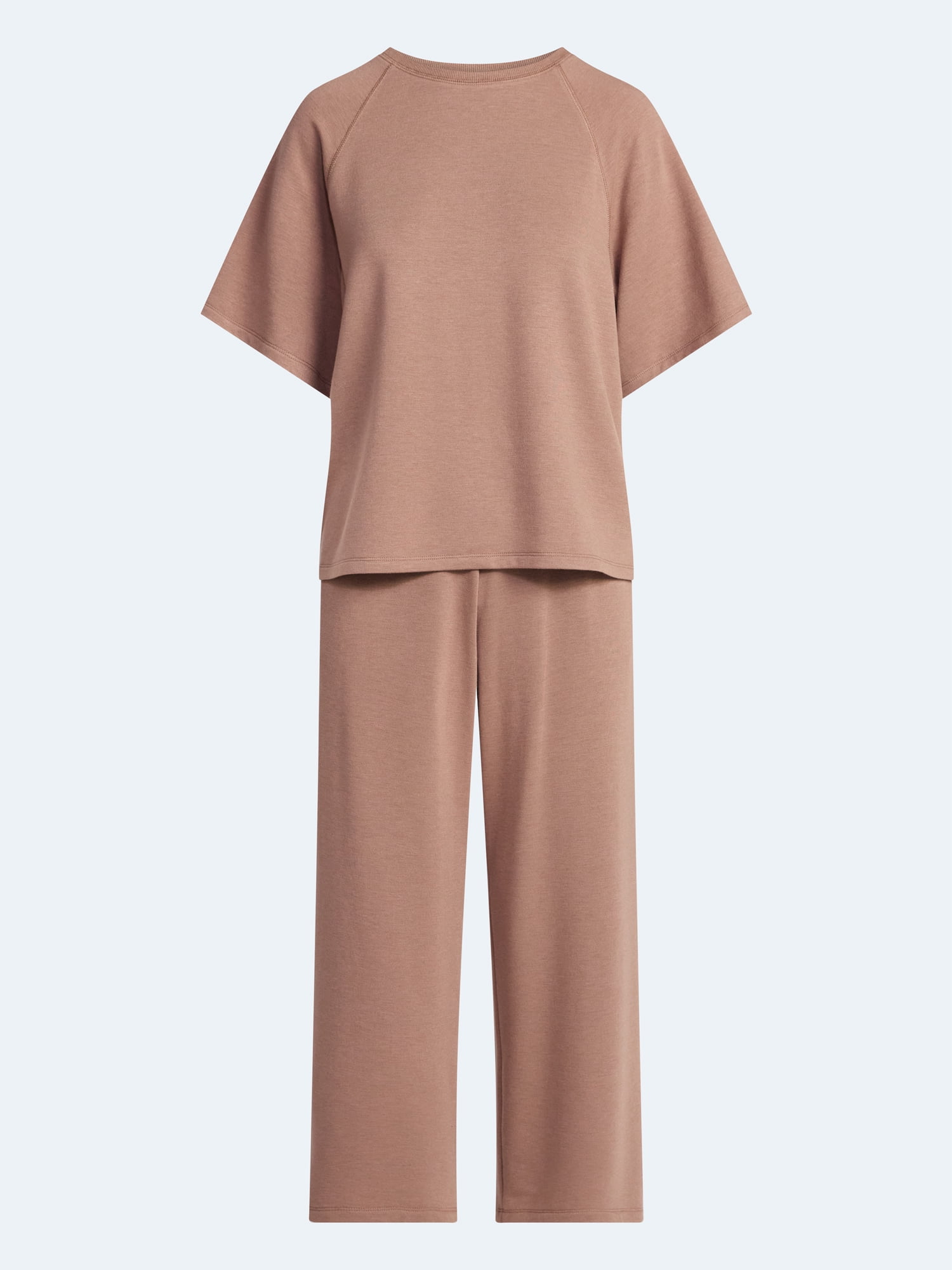 Joyspun Women's French Terry Lounge Sleep Short Sleeve Top and Capri Pants Set, 2 Piece, Sizes XS-3X