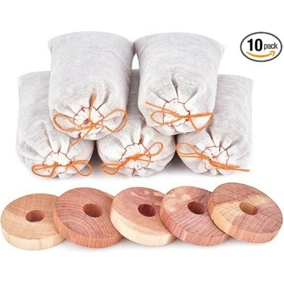Cedar Blocks for Clothes Storage, Scent Sachets for Drawers and Closets, Aromatic Cedar Wood Chips Shavings Bags, Cedarwood Hanger Rings, Pack of 10