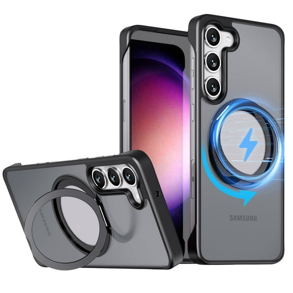 for Samsung Galaxy S24 Plus Magnetic Case, Ultra Slim Lightweight Stylish Cover with Rotatable Metal Stand [Support MagSafe Wireless Charging], Clear Acylic Frameless Shockproof Case, Black