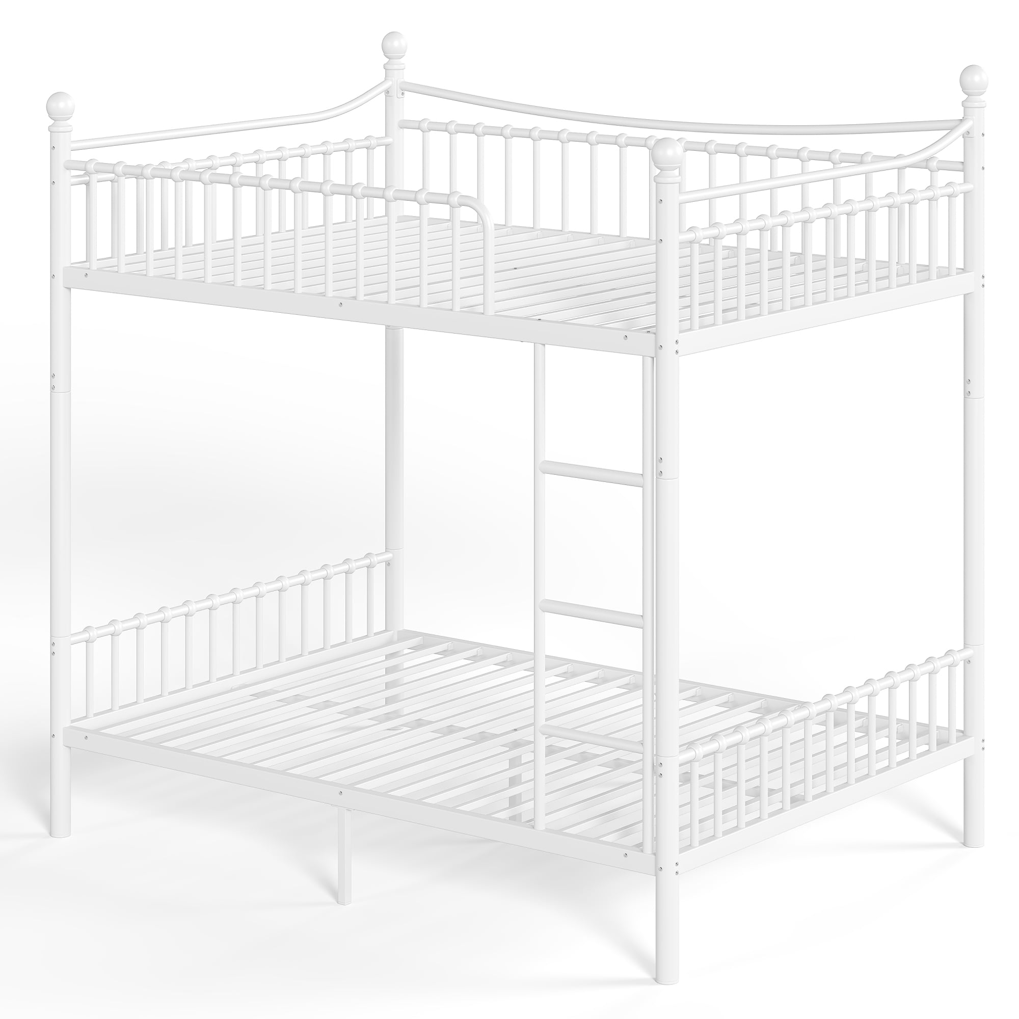 Leumius Full over Full Metal Bunk Bed with Unique Curved Guardrail Design, Round Tube Bunk Bed Frame, Metal Bunk Bed Frame for Kids Teens Adults White