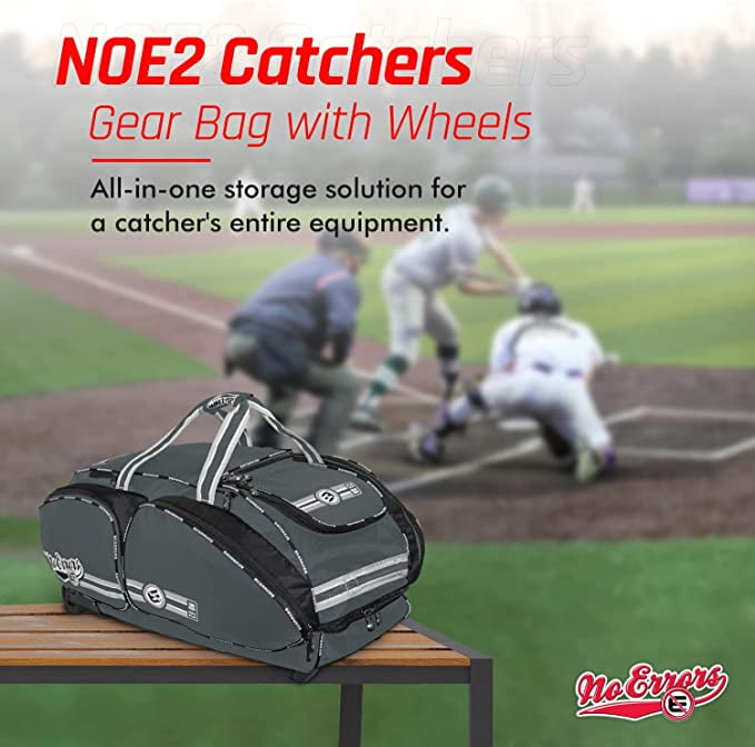 No Error Sports Dinger Baseball Bat Bag with Wheels - Spacious 15 pocket baseball gear bag - Fits 4 Bats, Helmets, Cleats, Gloves - Hangs on Fence