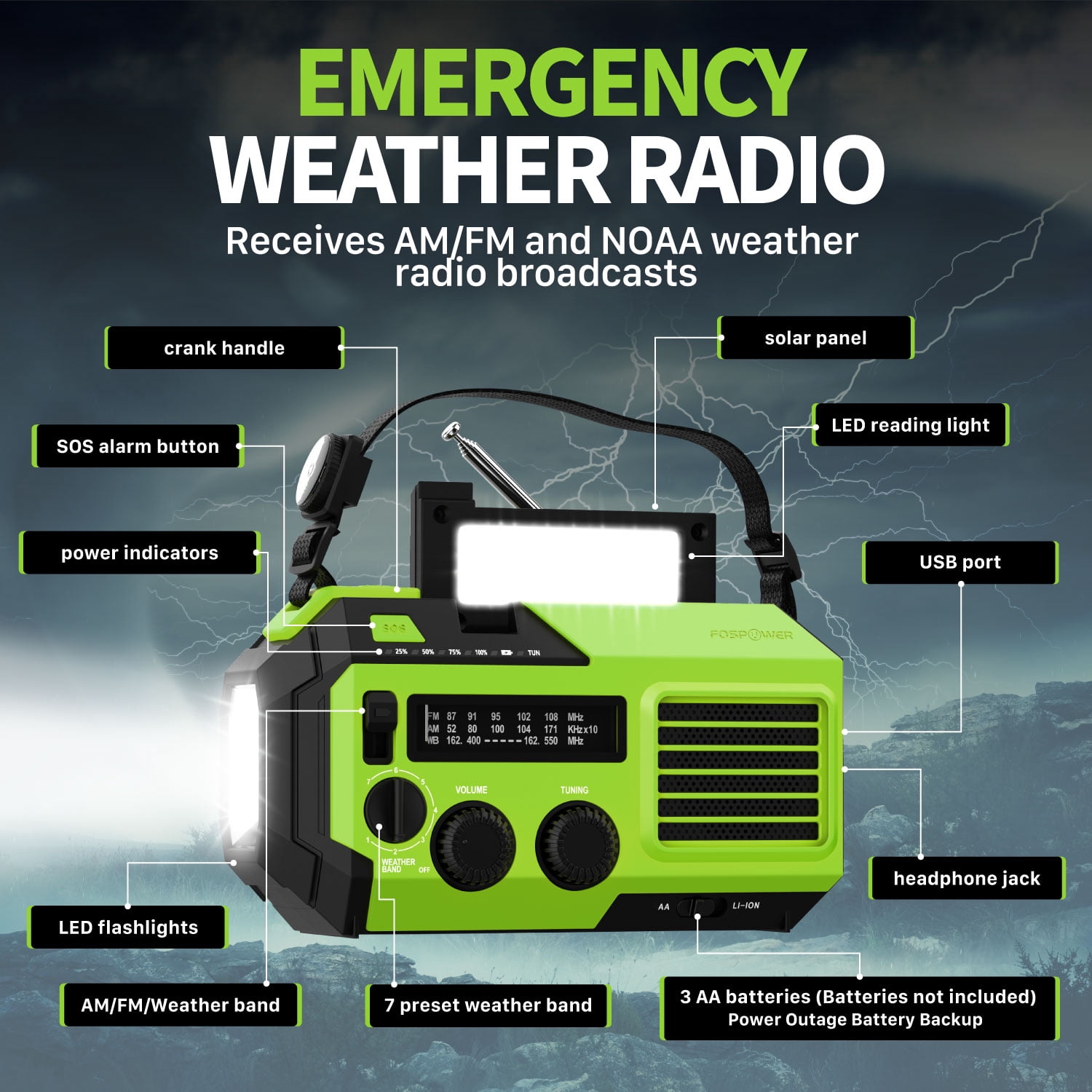 FosPower 5200mAh Emergency Radio (Model A6) NOAA Weather Alert Radio & Power Bank with IPX3 Rating, Solar Charging, Hand Crank, SOS, AM/FM/WB & LED Flashlight for Emergency Kit, Power Outages - Green