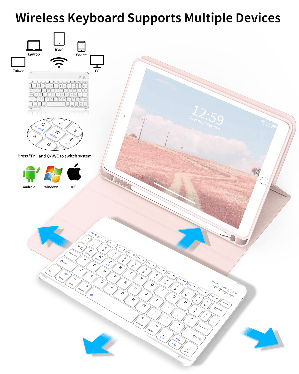 Aoub Keyboard Case for iPad 6th / 5th Generation 2018/2017 9.7 Inch, iPad Air / Air 2, Magnetic Detachable Wireless Bluetooth Folio Stand Rechargeable Keyboard Cover with Pencil Holder, Pink